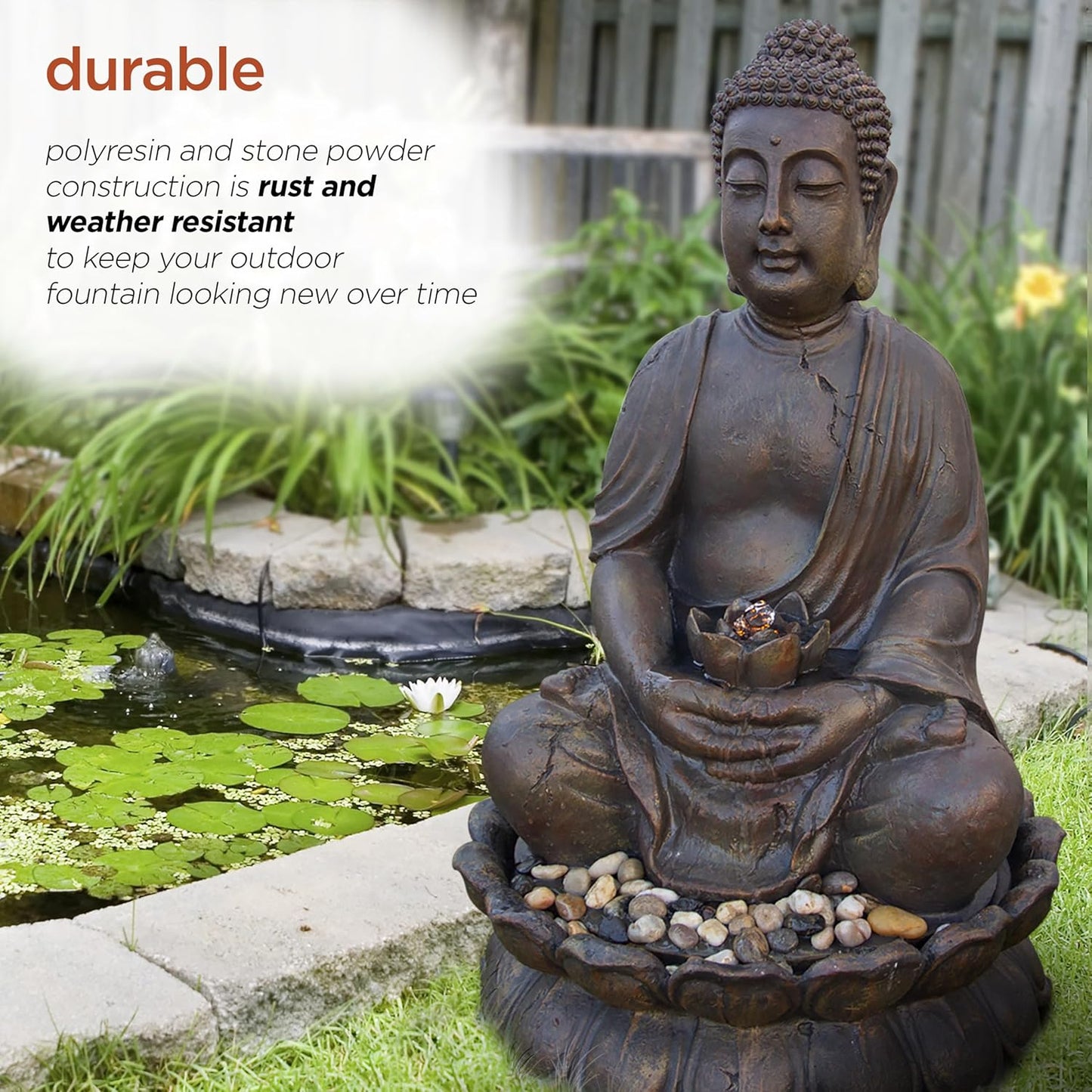 Alpine Corporation GEM122 Outdoor Floor Meditating Soothing Buddha Statue Waterfall Fountain for Garden, 33", Bronze