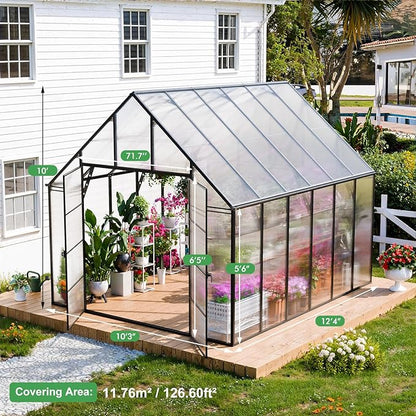 CDCASA 12x10x10 FT Greenhouse for Outdoors, Easy Assembly Large Aluminum Heavy Duty Polycarbonate Greenhouses Kit w/2 Windows, Swing Door, Outsides Walk-in Green House Sunroom for Backyard Garden