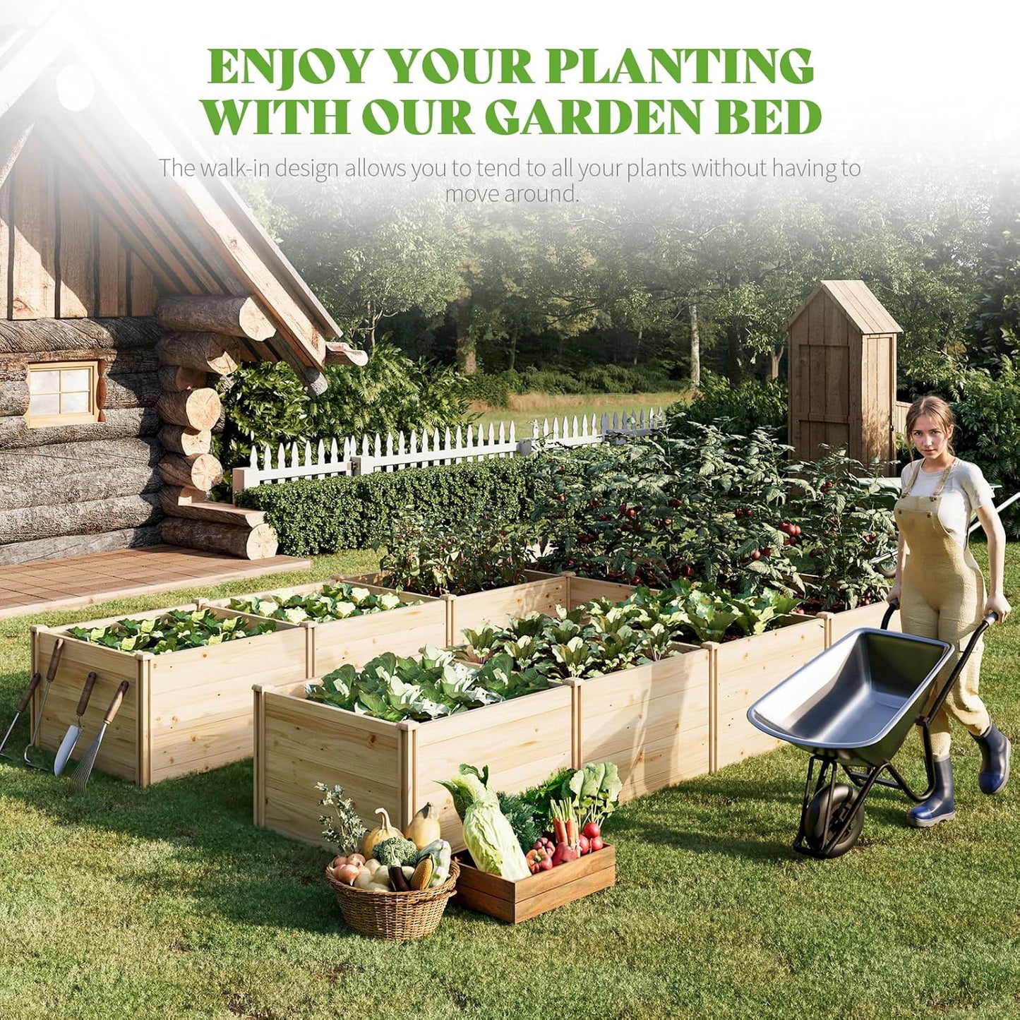 PaPaJet Wooden Raised Garden Bed for Outdoor, Nine Grid Deep Large Planter Box for Gardening, Vegetables, Flowers, Herbs（7.5× 11.9× 1.6FT）