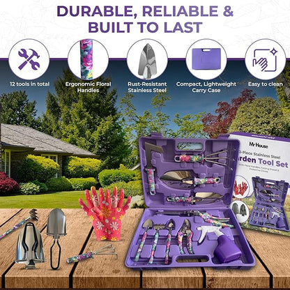 Gardening Tools Set – 12-Piece Garden Tool Set with Rust-Resistant Stainless Steel Hand Tools, Heavy Duty Folding Shovel & Floral Handles, Durable Carry Case, Perfect Gardening Kit Gift for Women