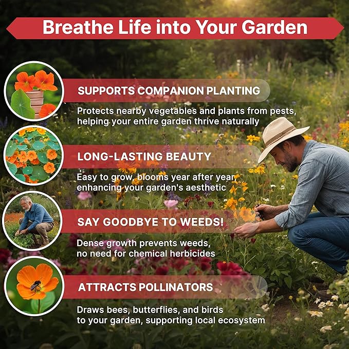 Nasturtium Seeds Pack 1 oz - Non-GMO Heirloom Flower Seeds for Planting, Edible Flowers in Individual Seed Packet, Nasturtium Seed for Planting Home Garden Indoor & Outdoor Gardening