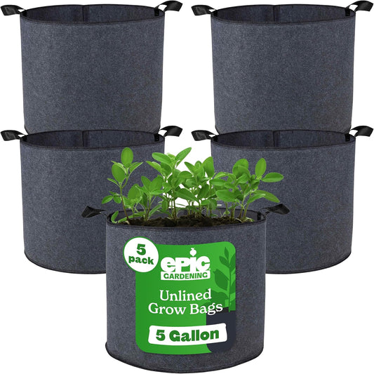 Epic Gardening 5 Pack 5 Gallon Grow Bags with Handles (Unlined) - Heavy Duty Fabric Pots for Vegetables, Herbs & Flowers - Breathable Cloth Planters for Indoor & Outdoor Gardening, Moisture Retaining