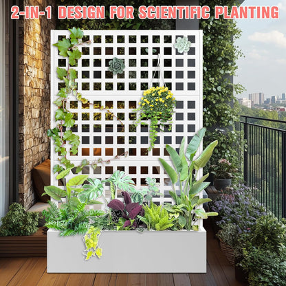 Metal Planter Box with Trellis, Raised Garder Bed with Drainage Hole, Privacy Screen & Trellis for Climbing Plants, Outdoor Plant Stands, 47''L×17''W×71''H, White