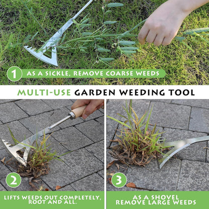 Crack Weeder, 13.4" Stainless Steel Crevice Weeding Tool with Wood Handle, L-Shaped Side-Walk Weed Puller Spatula, for Garden Lawn Yard Patio Terrace Paving Moss, Small Gardening Tool