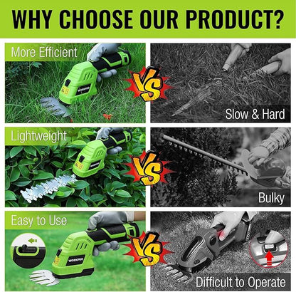 WORKPRO 12V Cordless Grass Shear & Shrubbery Trimmer - 2 in 1 Handheld Hedge Trimmer, Electric Grass Cutter with 2.0Ah Rechargeable Lithium-Ion Battery & 1 Hour Fast Charger