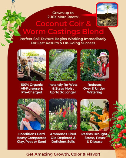 Compressed Organic Potting Soil for Garden, Plants & Vegetables - Expands 4x When Mixed with Water - Indoor or Outdoor Use - Plant Food Mix Derived from Natural Coconut Coir & Worm Castings Fertilizer