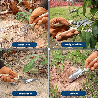 Brown Gardening Tools Set 12-Piece, Garden Hand Tool Kit with Non-Slip Ergonomic Handle, Storage Tote Bag, Garden Apron, Gloves and Kneeling Pad, Gardening Gifts for Women Men Plant Lover