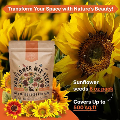 Sunflower Mix Seeds Pack 8 oz - Over 10,300 Non-GMO Heirloom Sunflower Seeds for Planting, Annual Flowers in Individual Seed Packet for Planting Home Garden Indoor & Outdoor Gardening