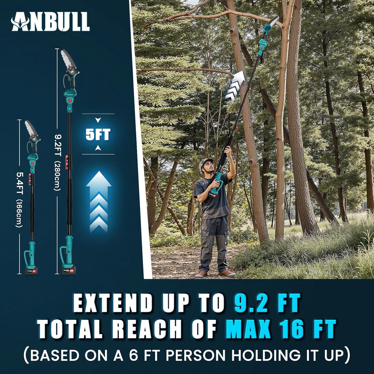 Anbull 2-IN-1 Cordless Pole Saw 6 inch, 2 * 4.0Ah Battery Powered Pole Saws for Tree Trimming, with 15.5ft Max Extension Pole for Tree Branches Wood Cutting