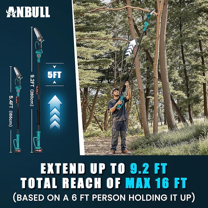 Anbull 2-IN-1 Cordless Pole Saw 6 inch, 2 * 4.0Ah Battery Powered Pole Saws for Tree Trimming, with 15.5ft Max Extension Pole for Tree Branches Wood Cutting