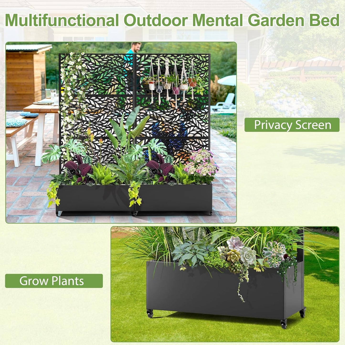 Raised Garden Bed with Trellis and Wheels,73"x35"x16" Metal Raised Garden Bed,Black Flowing Leaf Metal Planter with Climbing Trellis for Vines & Vegetables