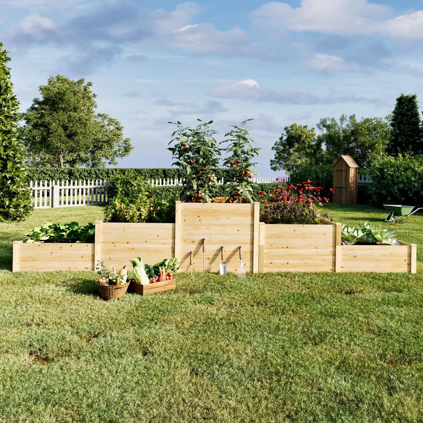 SPECRAFT Raised Garden Bed 3-Tier Outdoor Planter Box, Fir Wood with Dividers, Shape Adjustable, Tool-Free Assembly, Ideal for Growing Vegetables, Herbs & Flowers