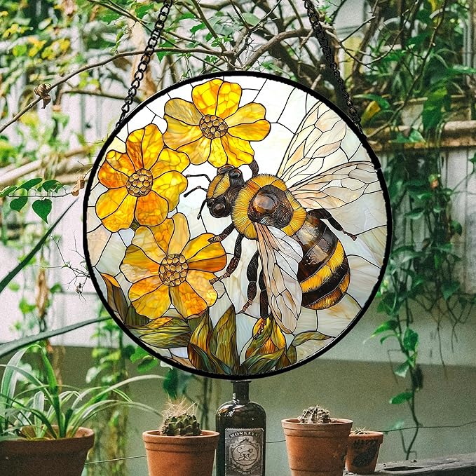 Stained Glass Window Hanging - Yellow Bees Gathering Flowers Sun Catcher for Door Garden Home Decor Cute Suncatcher Christmas Mother's Day Birthday Gifts for Women Men Mom Nana 15 in