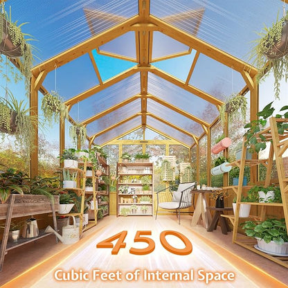 Jocisland 8x9.5x7.5 Ft Wooden Greenhouse, Pre-Assembled Solid Cedar Frame, Walk-in Design, Lockable Door, Adjustable Roof Vents, Polycarbonate Panels for Outdoor, Garden, Backyard