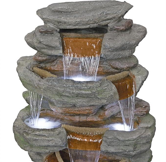 Alpine Corporation TZL352 Outdoor Floor Stone Tower Fountain with LED Lights, Multi-Level Garden Water Fountain, 47"H, Gray