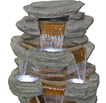 Alpine Corporation TZL352 Outdoor Floor Stone Tower Fountain with LED Lights, Multi-Level Garden Water Fountain, 47"H, Gray