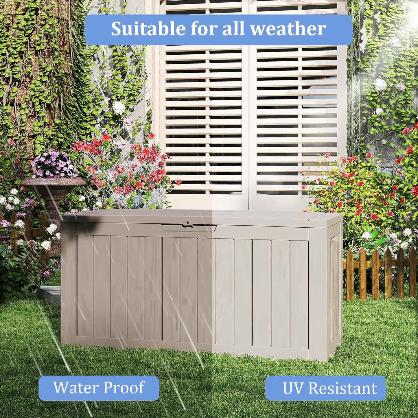 TARKARI 90 Gallon Lockable Resin Deck Box with Wheels, Waterproof & UV-Resistant Outdoor Storage Box for Outdoor Cushion Storage, Garden Tools & Pool Accessories Storage, Gray