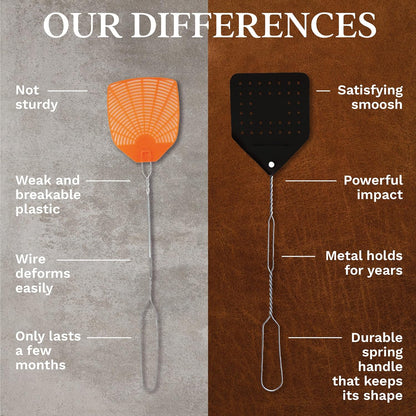 Leather Fly Swatter Set (2 Pack) – 17” Amish-Made Fly Swat w/Real Leather Paddle – Fly Swatters Multi Pack w/Metal Handle – Bug Swatter, Mosquito Swatter, Wasp Swatter (Black)