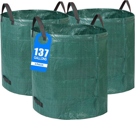 3 Pack 137 Gallons Reusable Yard Waste Bags with Double Bottom Extra Large Leaf Lawn Bags Reusable Heavy Duty With 4 Handles Garden waste Bags Containers for Debris Grass Clipping