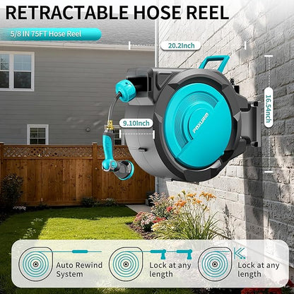 5/8" 75FT Retractable Garden Hose Reel, Wall Mounted Automatic Hose Reel with Upgraded 10 Pattern Nozzle/Any Length Lock/Slow Return System/180°Swivel Bracket, AquaBlue