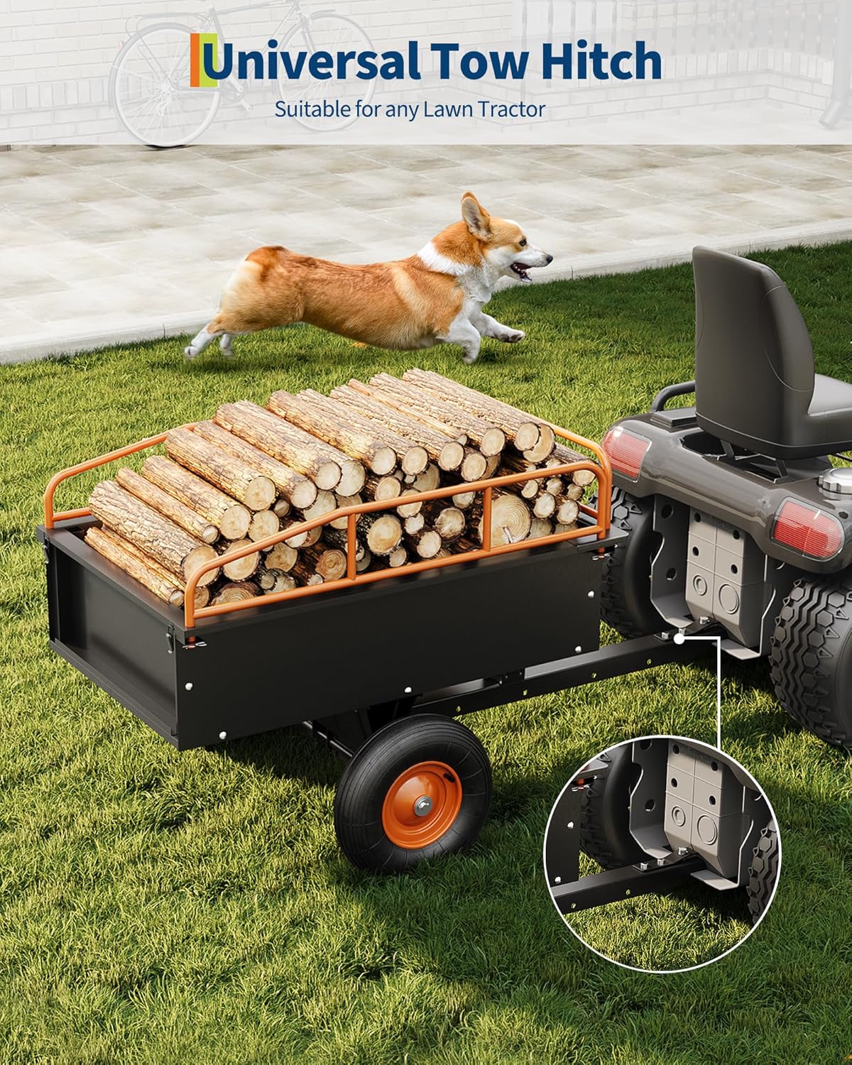 GarveeLife Heavy Duty ATV Trailer Steel Dump Cart, 750 LBS 15 Cubic Feet, Garden Utility with Removable Sides for Riding Lawn Mower Tractor