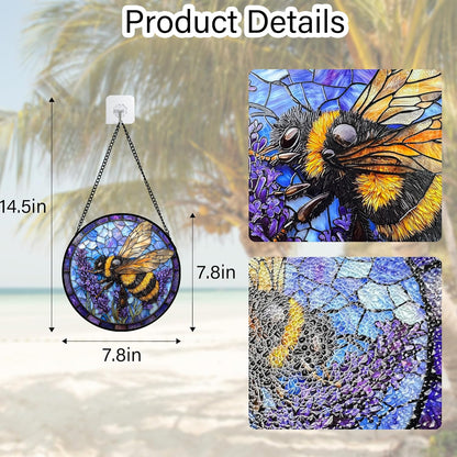 Stained Glass Window Hanging, Bee Lavender Sun Catchers Diamond Glass Panel Hangings Insect Suncatcher Decor for Birthday for Women, Men, Wife, Aunt, and Mom7.8 in