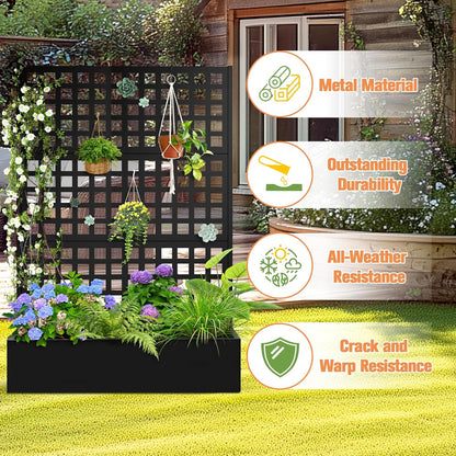 Metal Planter Box with Trellis & Wheels, Raised Garden Bed with Privacy Screen, Outdoor Standing Flower Beds with Drainage Hole for Climbing Plants, Vine, 47" Lx16 Wx71 H