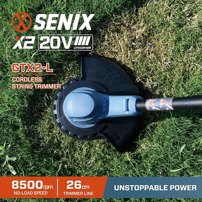 SENIX X2 20 Volt Max* Cordless Grass String Trimmer and Edger Lawn Tool, Detachable Split Shaft, 10-Inch Max Cutting Width, Includes 2.0 Ah Battery and 2A Charger (GTX2-L)