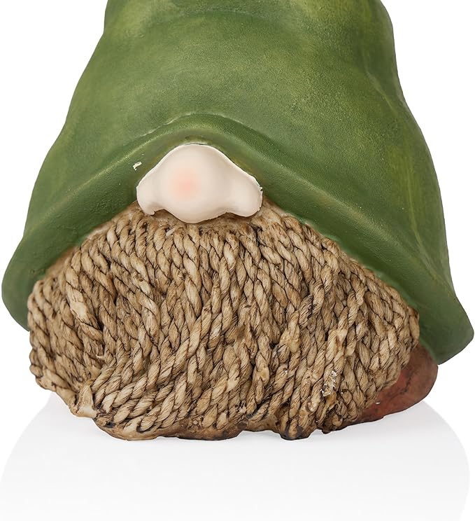 Alpine Corporation QWR1440 Outdoor Gnome Head with Rope Beard and Flower on Green Hat Garden Statue, 10" Tall
