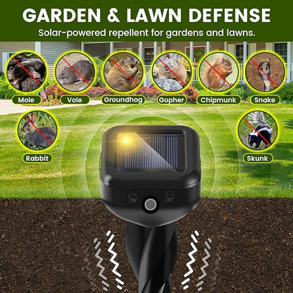 2025 Upgraded Mole & Snake & Skunk & Rabbit Repellent Solar Powered, Ultrasonic Deterrent, IP65 Waterproof, Effective Get Rid of Gopher Raccoon Vole Groundhog Chipmunk for Yard Lawn Garden, 4-Pack