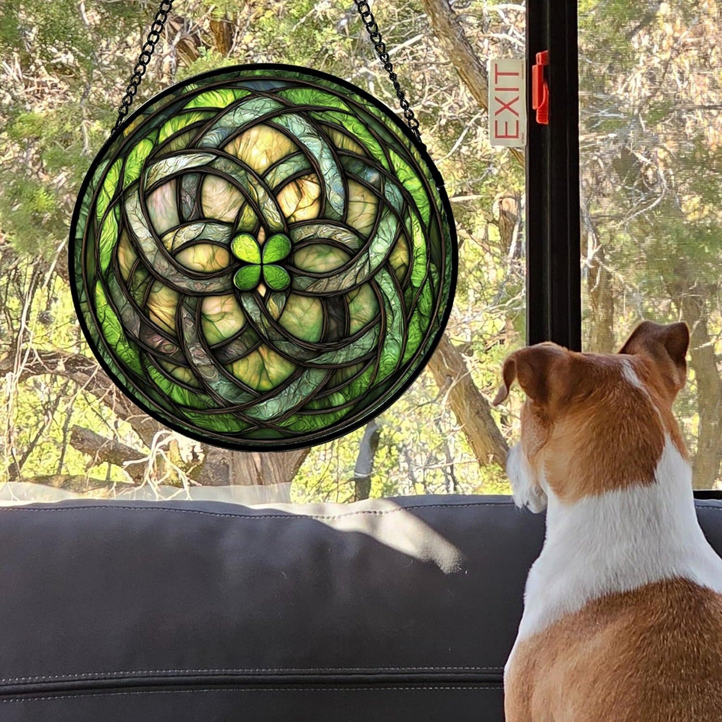 Stained Glass Window Hanging, Abstract Green Clover Sun Catchers Colorful Glass Panel Bless Suncatcher Decor for Birthday for Women, Men, Wife, Aunt, and Mom 14.9x14.9 in