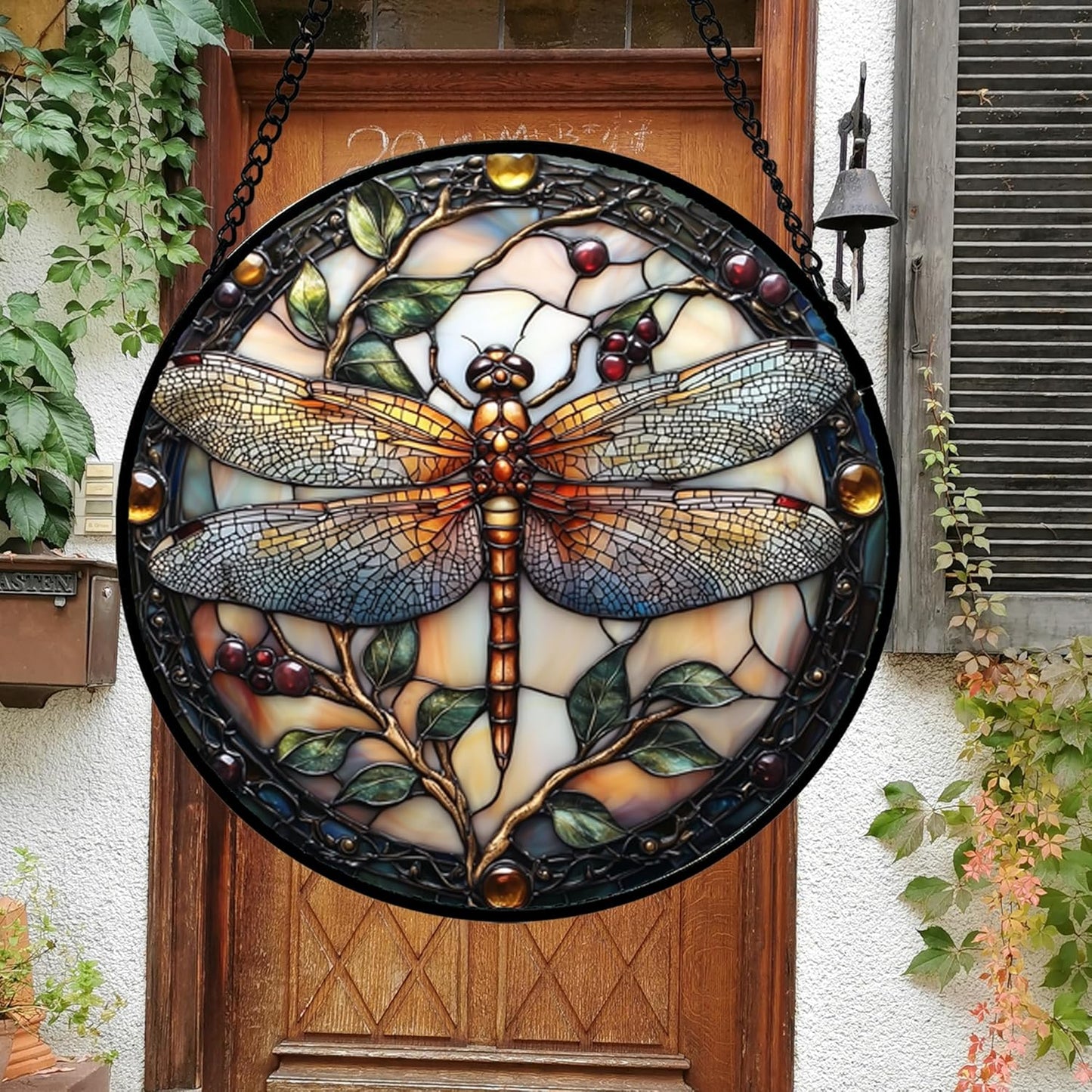 Stained Glass Window Hanging - Dragonfly Plant Suncatcher Ready to Hang Window Doors Home Decoration, Christmas, Mother's Day Birthday Gifts for Women, Men, and Mom 14.9x14.9 in