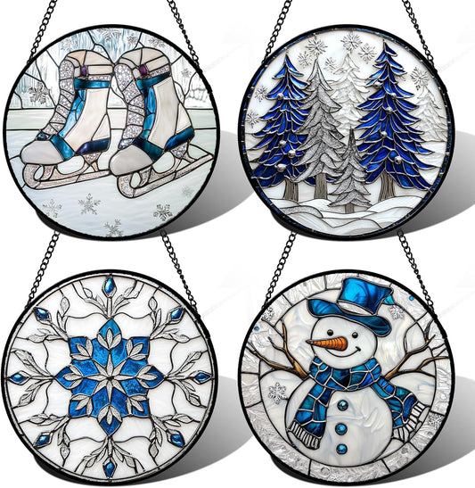Stained Glass Window Hanging 4 Pcs Set White Winter Christmas Snow Scene Large 15" - Suncatcher Door Garden Sun Catcher Decor Birthday for Mom Woman Nana Men Friend Wife