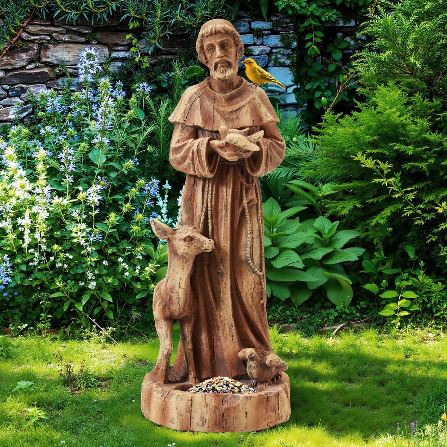 St Francis Garden Statue Outdoor, 25" H Religious Saint Francis of Assisi Catholic Statue with Bird Feeder for Patio Yard Home Decor