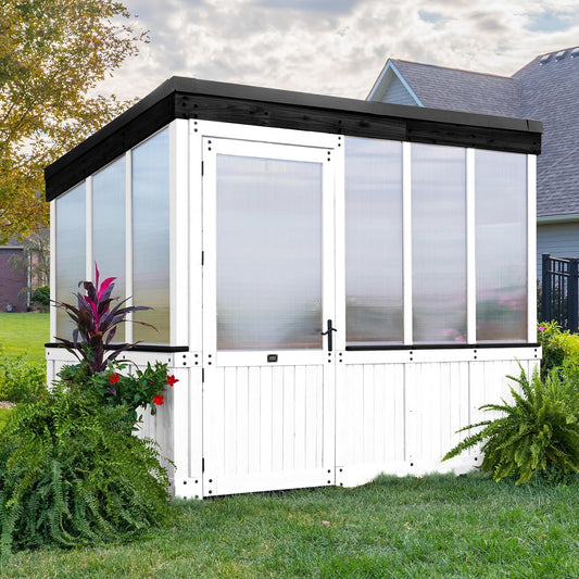 Backyard Discovery Willow 9' x 6' White Cedar Wood and Polycarbonate Walk-in Greenhouse Kit with Exhaust Fan, Windows, Hose Hook-Ups, PowerPort, Staging Shelves for Year-Round Outdoor Gardening
