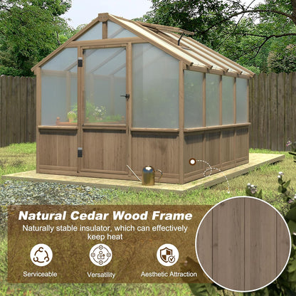 8x8 FT Greenhouse Kit for Outdoor, 6MM Thick Polycarbonate Panel Wooden Walk-in Green House with Lockable Door and Adjustable Roof Vent, Backyard Garden, Light Mocha Brown