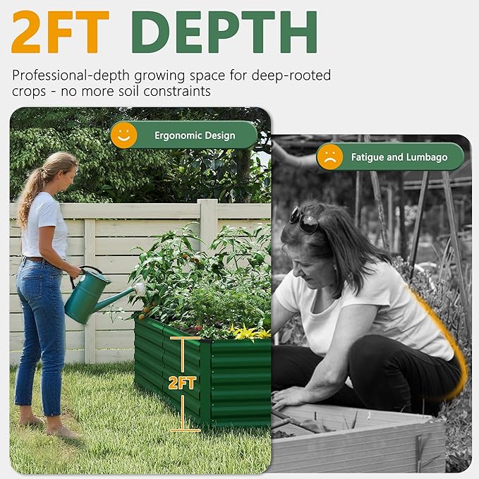 FOOWIN 8x4x2ft Galvanized Raised Garden Bed, Planter Raised Garden Boxes Outdoor, Large Metal Raised Beds for Gardening, Garden Bed for Vegetables, Flowers, Herb,478 Gallon Capacity, Green