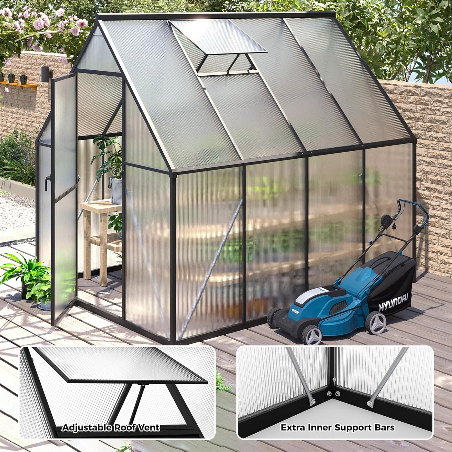 6x8 FT Greenhouse for Outdoors, Polycarbonate Greenhouse with Roof Vent, Enhanced Aluminum Large Walk-in Green House for Garden Backyard