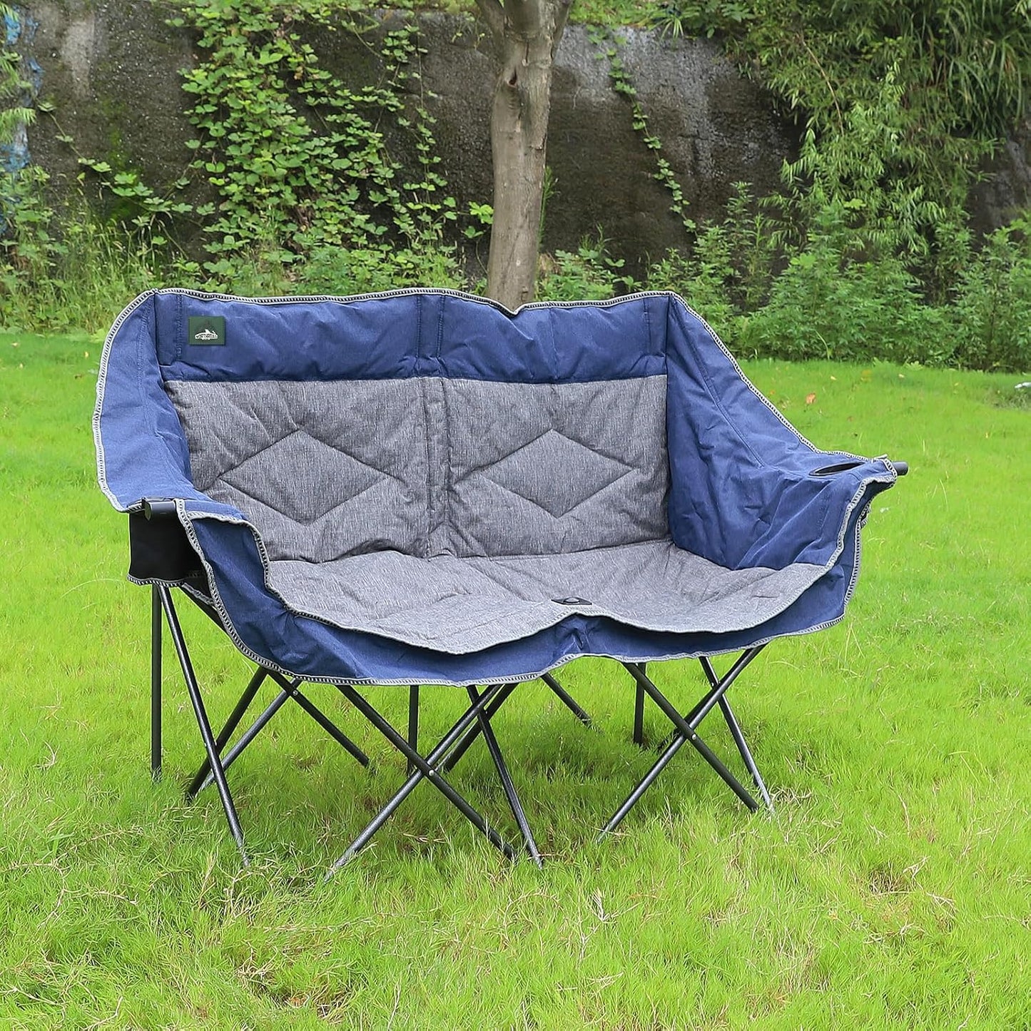 Northroad Folding Loveseat Camping Chair Portable Double Duo Full Padded Garden Chair for 2 Person Sofa w/2 Cup Holder,Wine Glass Holder,Support 600lbs for Picnic Beach Travel (Blue)
