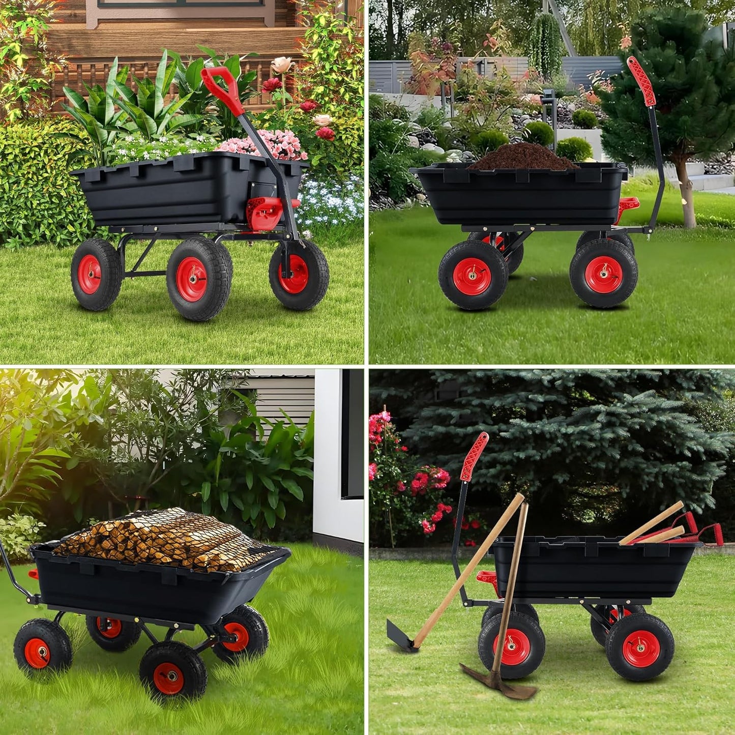 Garden Dump Cart,Heavy Duty 900lbs Poly Wheelbarrow with 10-Inch Tires,180° Rotating Handle,Steel Frame and Quick Release System for Garden,Lawn,Barn,Farm