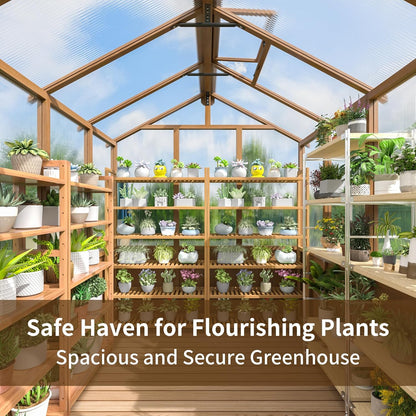 6x8 FT Greenhouse, Wooden Walk-in Greenhouse for Outdoors with 6MM Thick Polycarbonate Panel and Adjustable Roof Vents, Garden Backyard, Patio, Lawn, Wood Colour