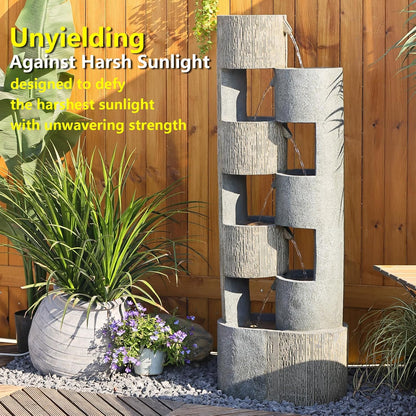 51" Outdoor Water Fountain Uneven Cylinders Waterfalls Fountain Floor Standing Water Fountains with LED Lights, Pump, Natural Stones for Garden, Living Room, Patio