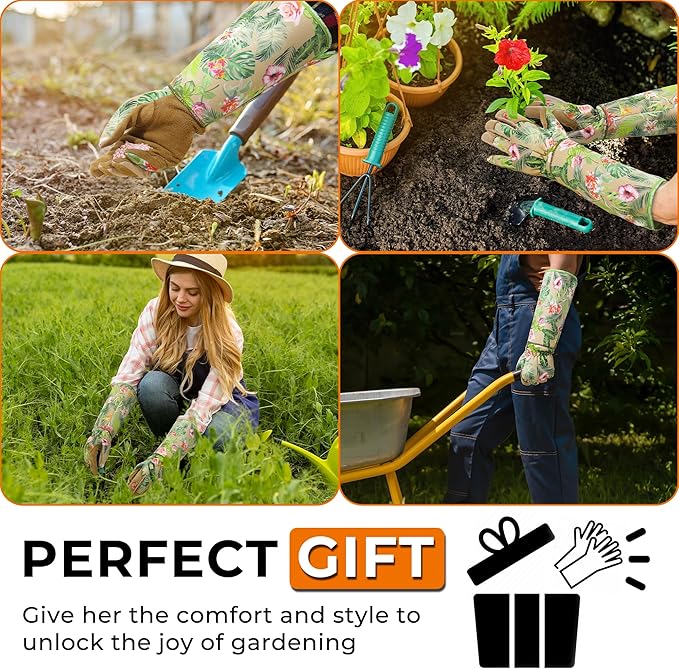 HANDLANDY Leather Gardening Gloves for Women, Scratch Resistant Breathable Ladies Rose Pruning Garden Gauntlet Yard Gloves, Gift for Gardeners (Khaki, L)