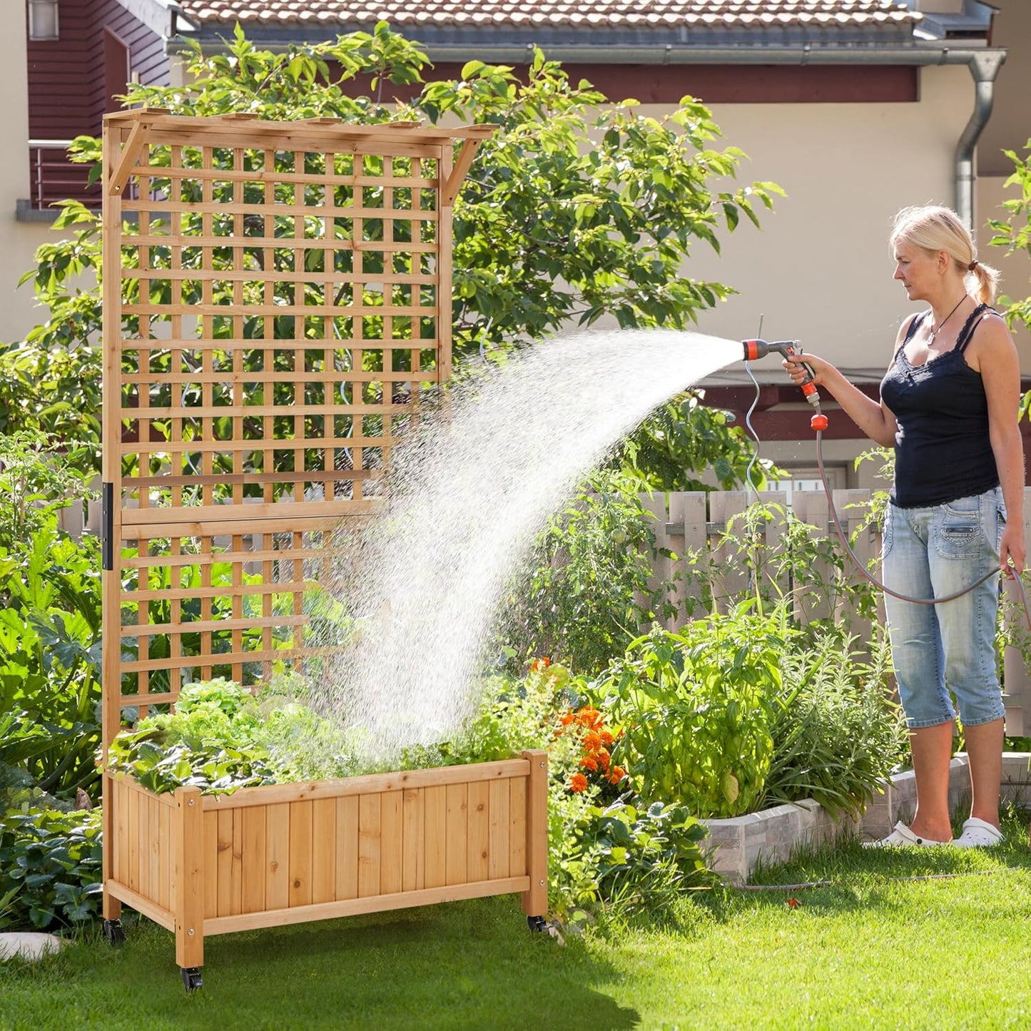 Yaheetech 72" H Horticulture Garden Planter with Trellis for Vine Climbing Plants Garden Box Outdoor w/Drainage Holes Raised Garden Bed Garden Planter Box for Flowers, Herbs Light Brown