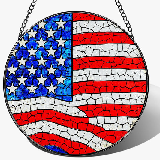 Stained Glass Window Hanging, Pauyadu 8 Inch American Flag Stained Glass Suncatcher, Patriotic Home Decor, Window Decor, USA Flag Gift Ideas, Patriotic Themed Gifts, Gifts for Women and Men