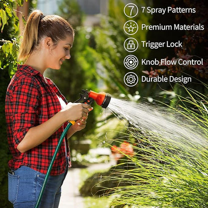 AUTOMAN-Garden-Hose-Nozzle,ABS Water Spray Nozzle with Heavy Duty 7 Adjustable Watering Patterns,Slip Resistant for Watering Plants,Lawn& Garden,Washing Cars,Cleaning,Showering Pets - Orange