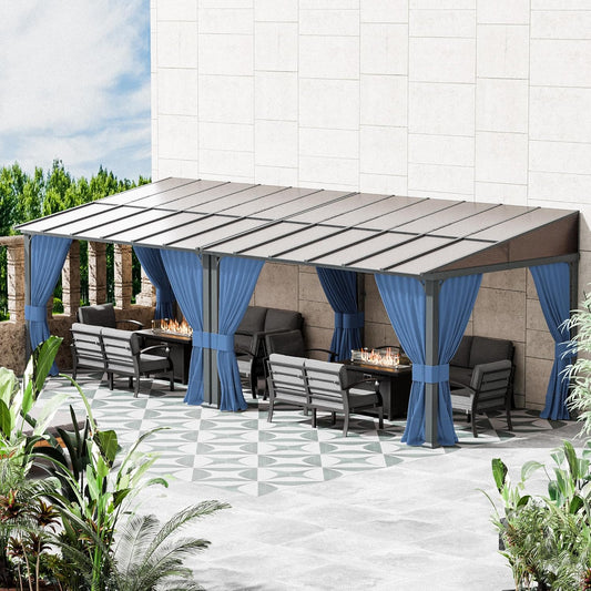 10' x 24' Gazebo，Hard Top Lean to Gazebo Wall Mount Heavy Hardtop Gazebos Outdoor Pergola with Curtains and Netting for Patio Garden Lawn Backyard Deck (Navy)