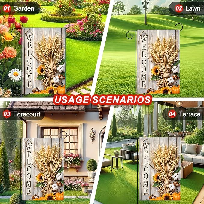 Thanksgiving Fall Garden Flag 12x18 Inch Welcome Wheat Sunflower Cotton Flag Double Sided Rustic Autumn Yard Banner for Porch Lawn Patio Seasonal Decor