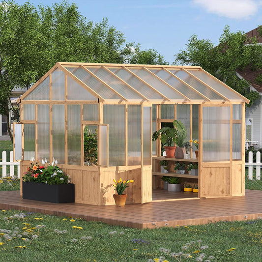 10x12 ft Wooden Greenhouse for Outdoor - Heavy Duty Walk-in Green House Kit with 6 mm Polycarbonate,Ventilated Window & Lockable Door for Backyard,Patio,Lawn