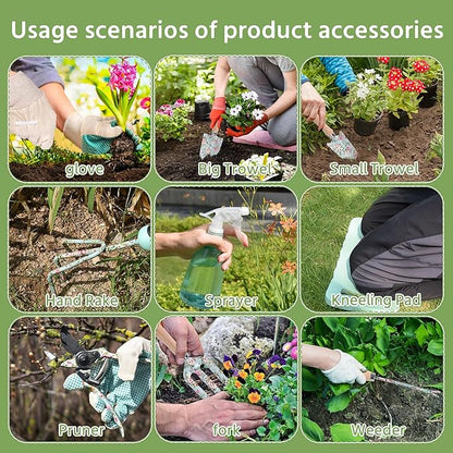 WNJ Gardening Tool Set, 10 PCS Heavy Duty Floral Pattern Garden Tools Set Kit, Complete Gardening Tool Bag Set, with Non-Slip Rubber Handle, Best Gifts for Women